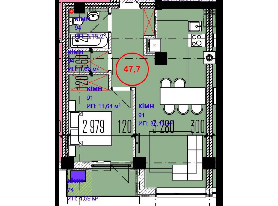 Планировка 1-комнатной квартиры в ЖК Park Residence 47.7 м², фото 215927 Планировка 1-комнатной квартиры в ЖК Park Residence 47.7 м², фото 215927