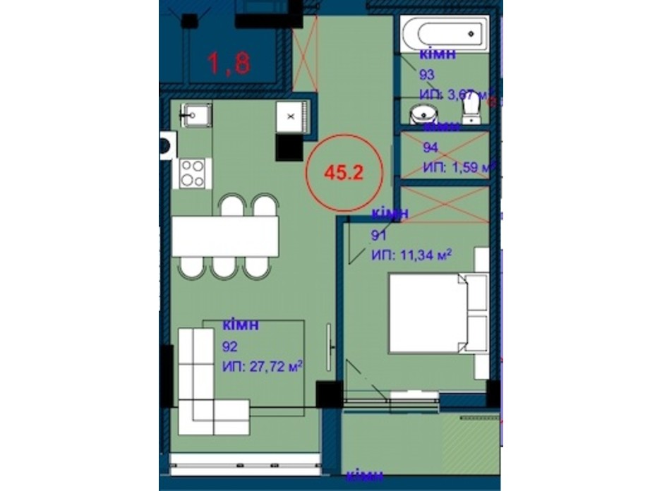 Планування 1-кімнатної квартири в ЖК Park Residence 45.1 м², фото 215930 Планування 1-кімнатної квартири в ЖК Park Residence 45.1 м², фото 215930