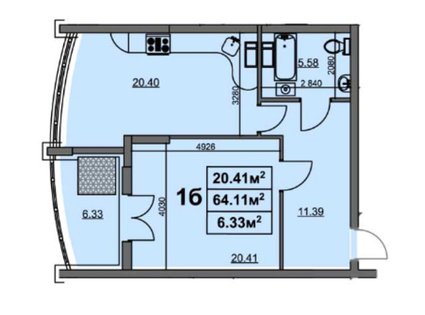 ЖК вул. Припортова, 22/1: планування 1-кімнатної квартири 63.6 м²