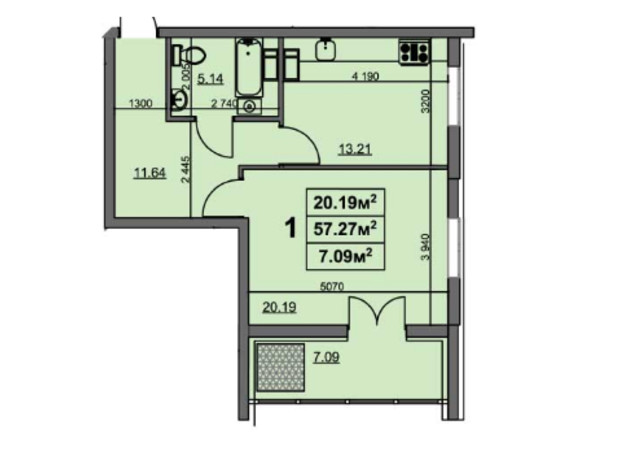 ЖК вул. Припортова, 22/1: планування 1-кімнатної квартири 56.7 м²