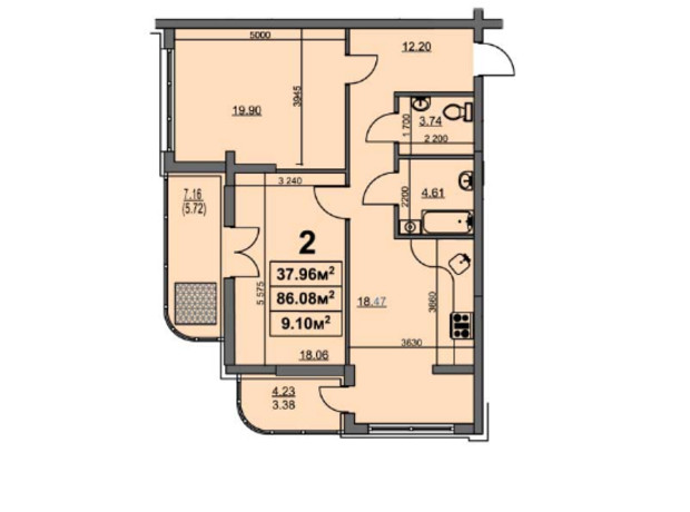 ЖК ул. Припортовая, 22/1: планировка 2-комнатной квартиры 86 м²