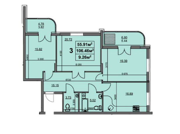 ЖК ул. Припортовая, 22/1: планировка 3-комнатной квартиры 106.02 м²