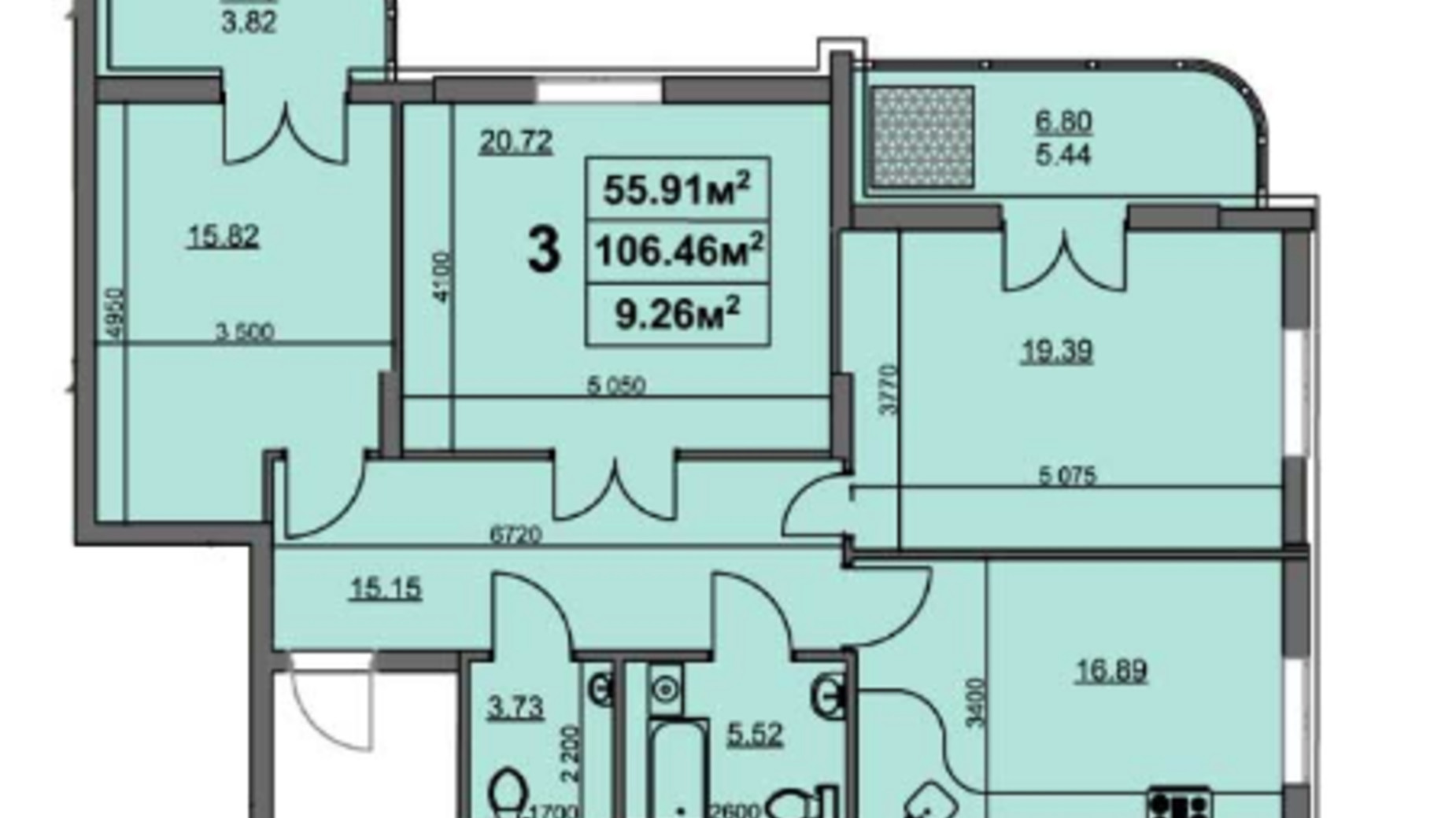 Планування 3-кімнатної квартири в ЖК вул. Припортова, 22/1 106.48 м², фото 216253