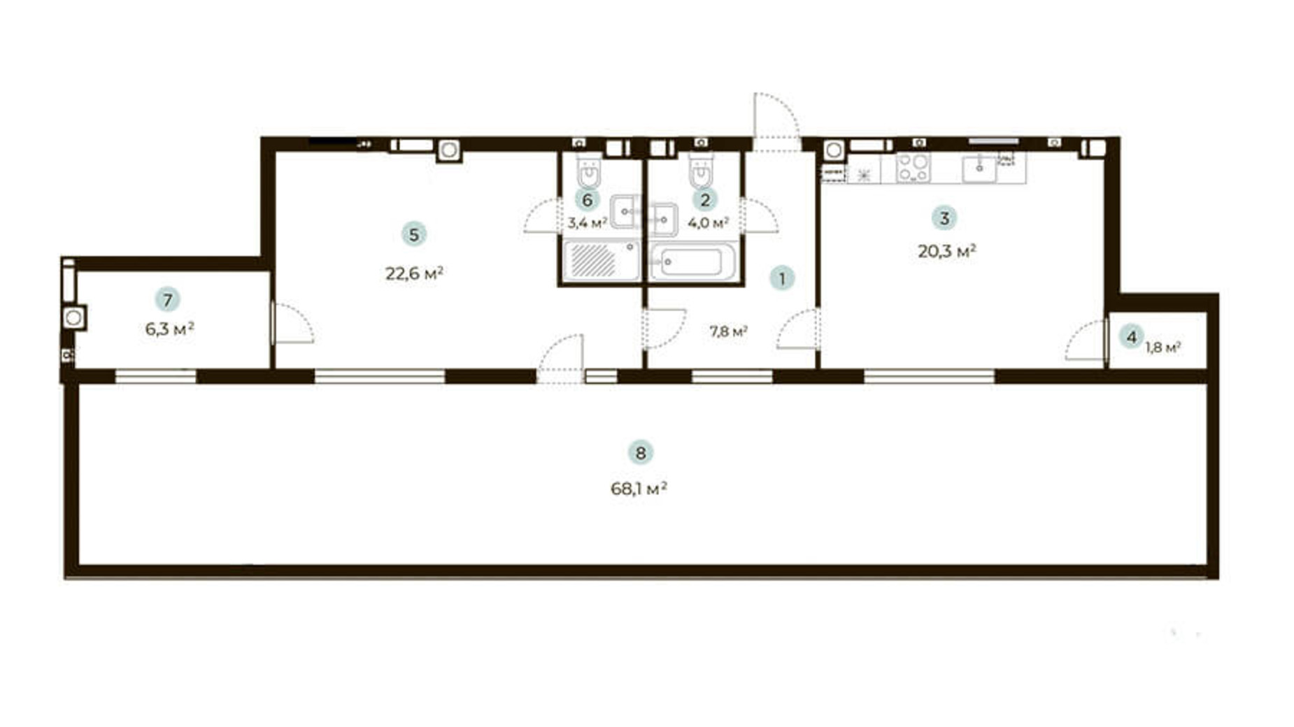 Планировка 1-комнатной квартиры в ЖК Parktown 86.6 м², фото 216551