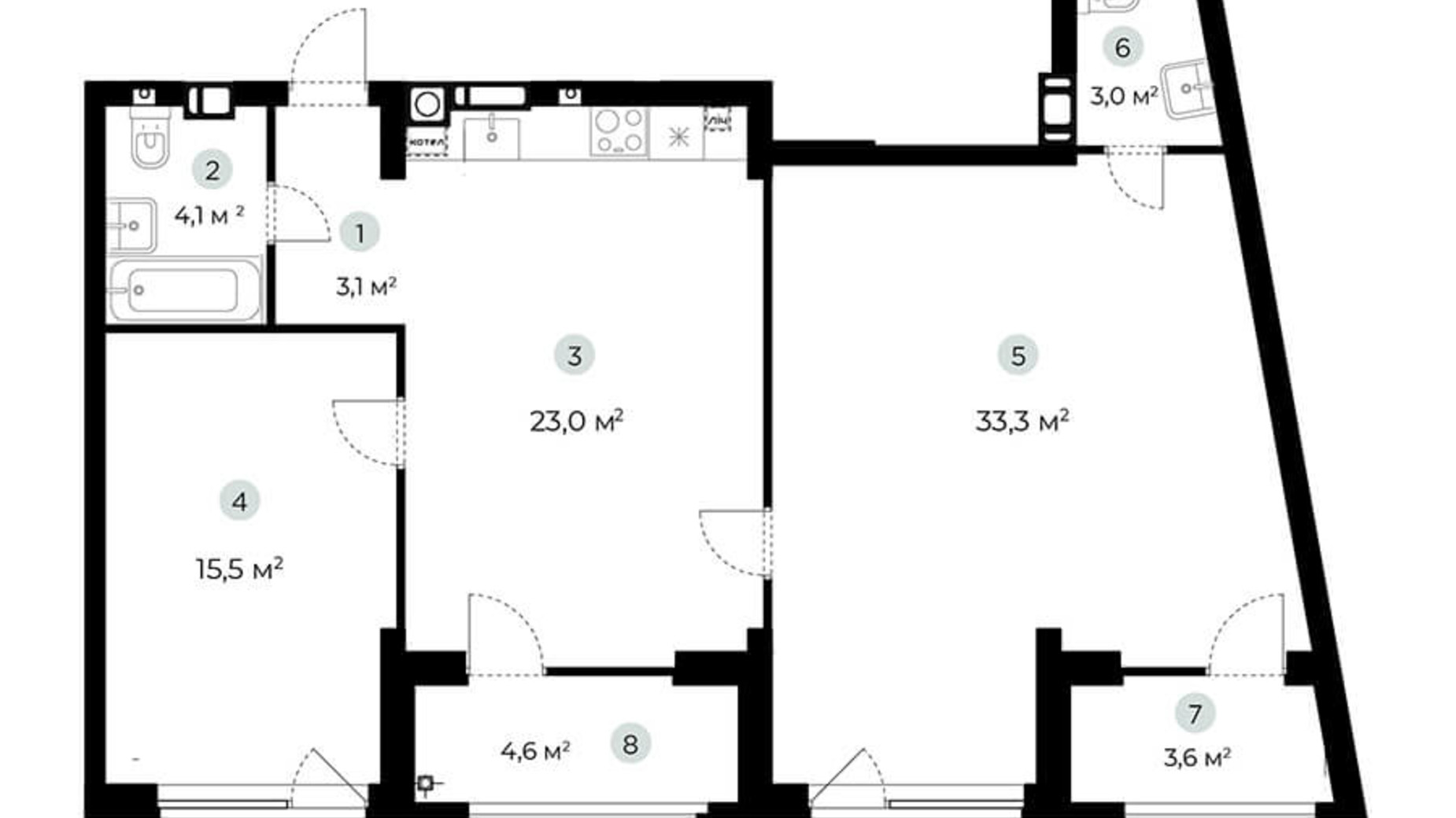 Планировка 2-комнатной квартиры в ЖК Parktown 86.1 м², фото 216555