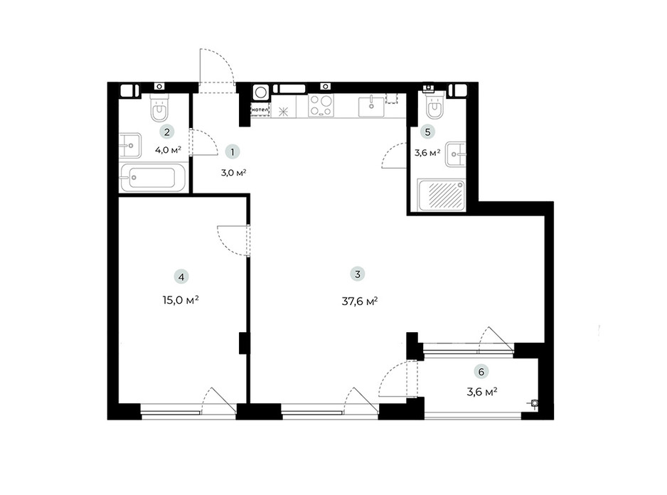 Планування 1-кімнатної квартири в ЖК Parktown 65 м², фото 216667 Планування 1-кімнатної квартири в ЖК Parktown 65 м², фото 216667