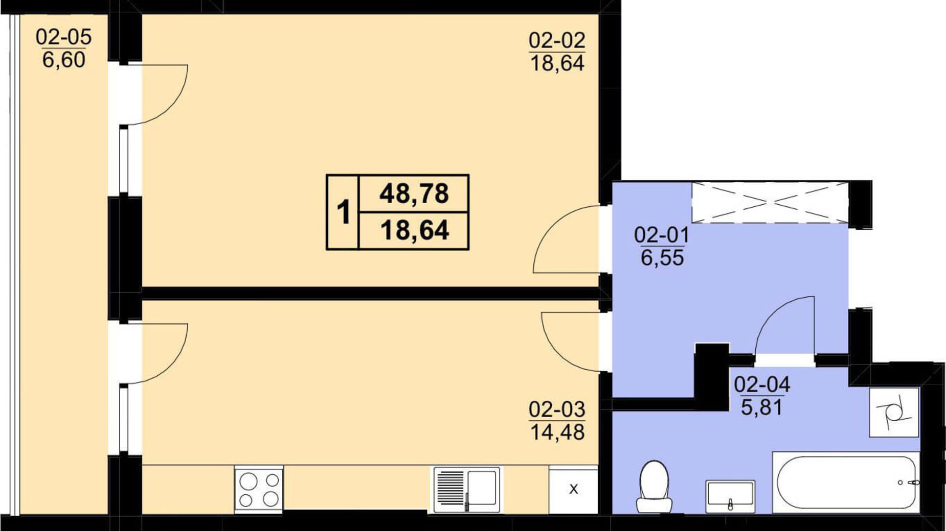Планування 1-кімнатної квартири в ЖК Resident Hall 48.78 м², фото 216673