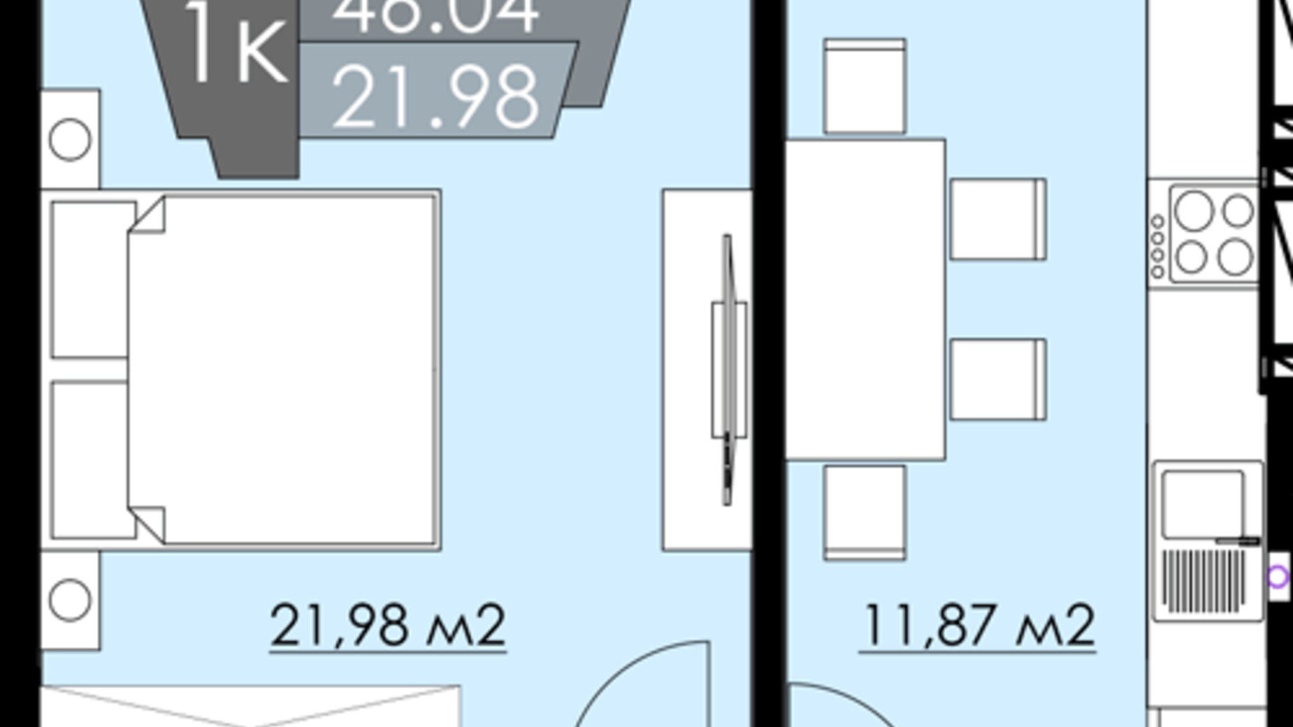 Планування 1-кімнатної квартири в ЖК Resident Hall 46.04 м², фото 216681