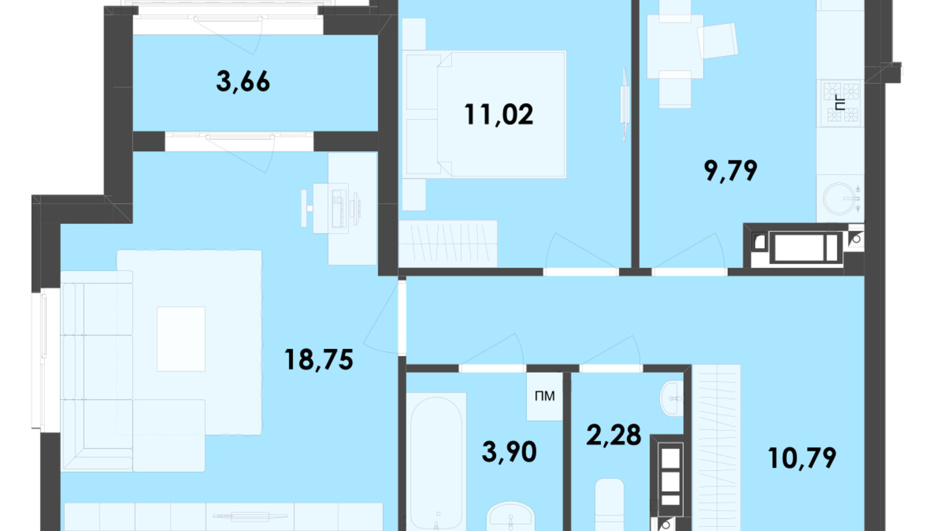 Планування 2-кімнатної квартири в ЖК River City 60.19 м², фото 217000
