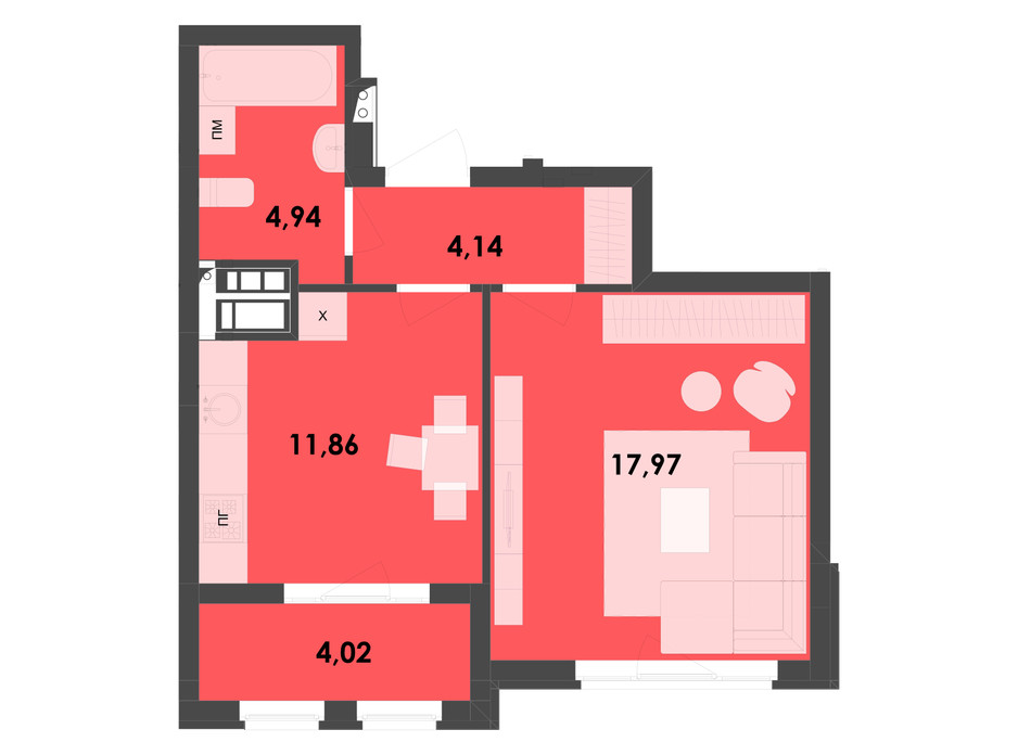Планировка 1-комнатной квартиры в ЖК River City 42.93 м², фото 217001 Планировка 1-комнатной квартиры в ЖК River City 42.93 м², фото 217001