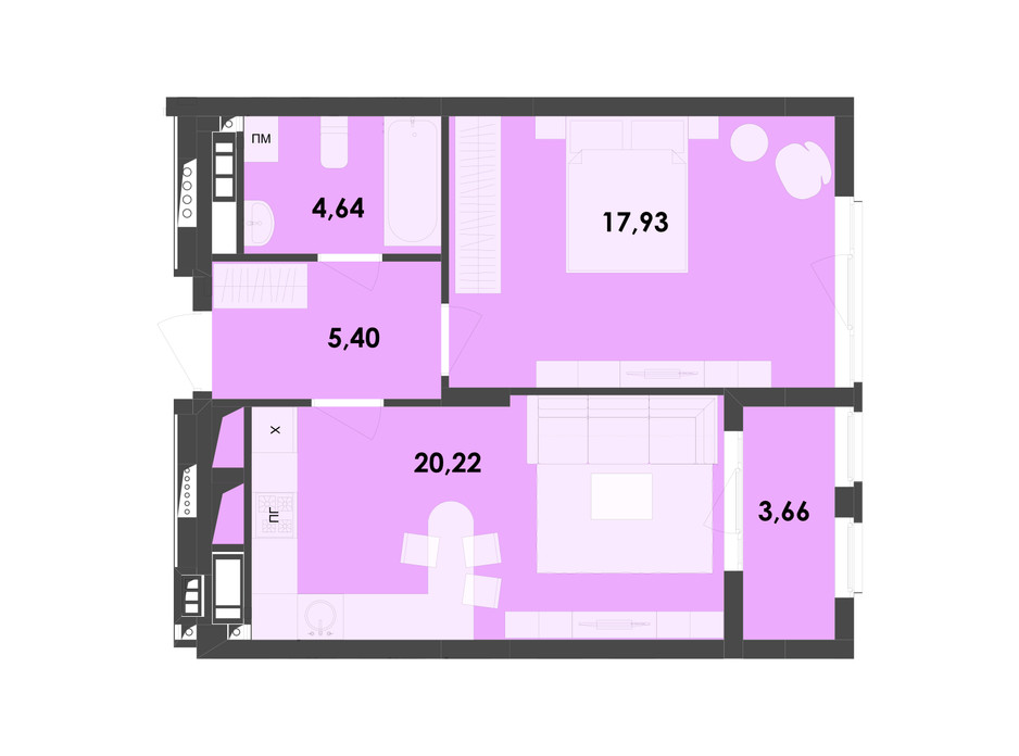 Планировка 1-комнатной квартиры в ЖК River City 51.85 м², фото 217003 Планировка 1-комнатной квартиры в ЖК River City 51.85 м², фото 217003