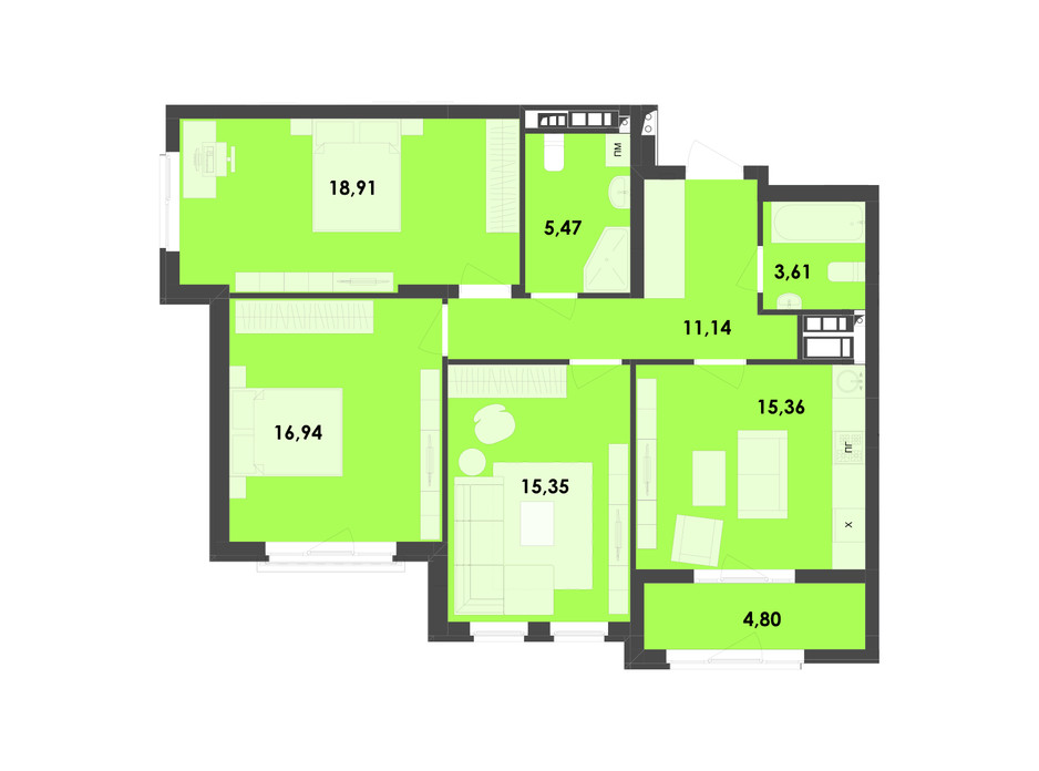 Планировка 3-комнатной квартиры в ЖК River City 91.58 м², фото 217004 Планировка 3-комнатной квартиры в ЖК River City 91.58 м², фото 217004