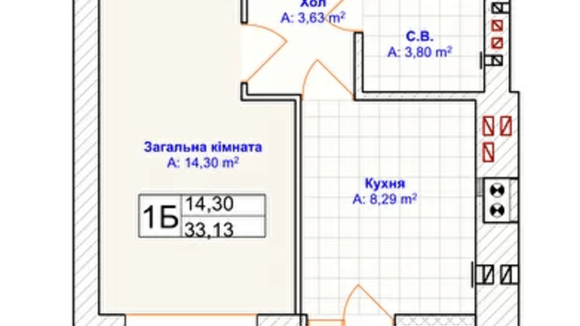 Планировка 1-комнатной квартиры в ЖК Grand Country Irpin 33.13 м², фото 217035