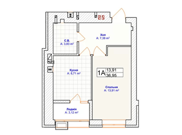 ЖК Grand Country Irpin: планування 1-кімнатної квартири 36.6 м²