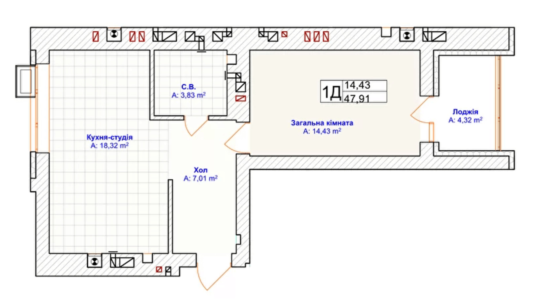 Планировка 1-комнатной квартиры в ЖК Grand Country Irpin 47.91 м², фото 217037