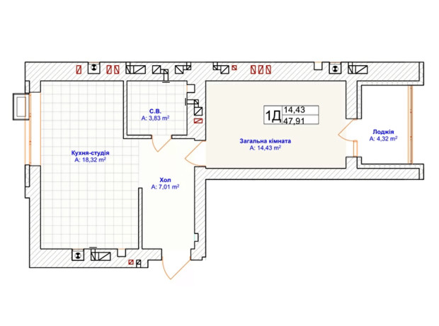 ЖК Grand Country Irpin: планировка 1-комнатной квартиры 47.91 м²