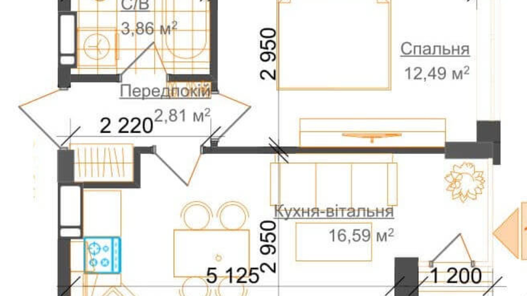 Планування 1-кімнатної квартири в ЖК Гостомель Residence 36.46 м², фото 217045