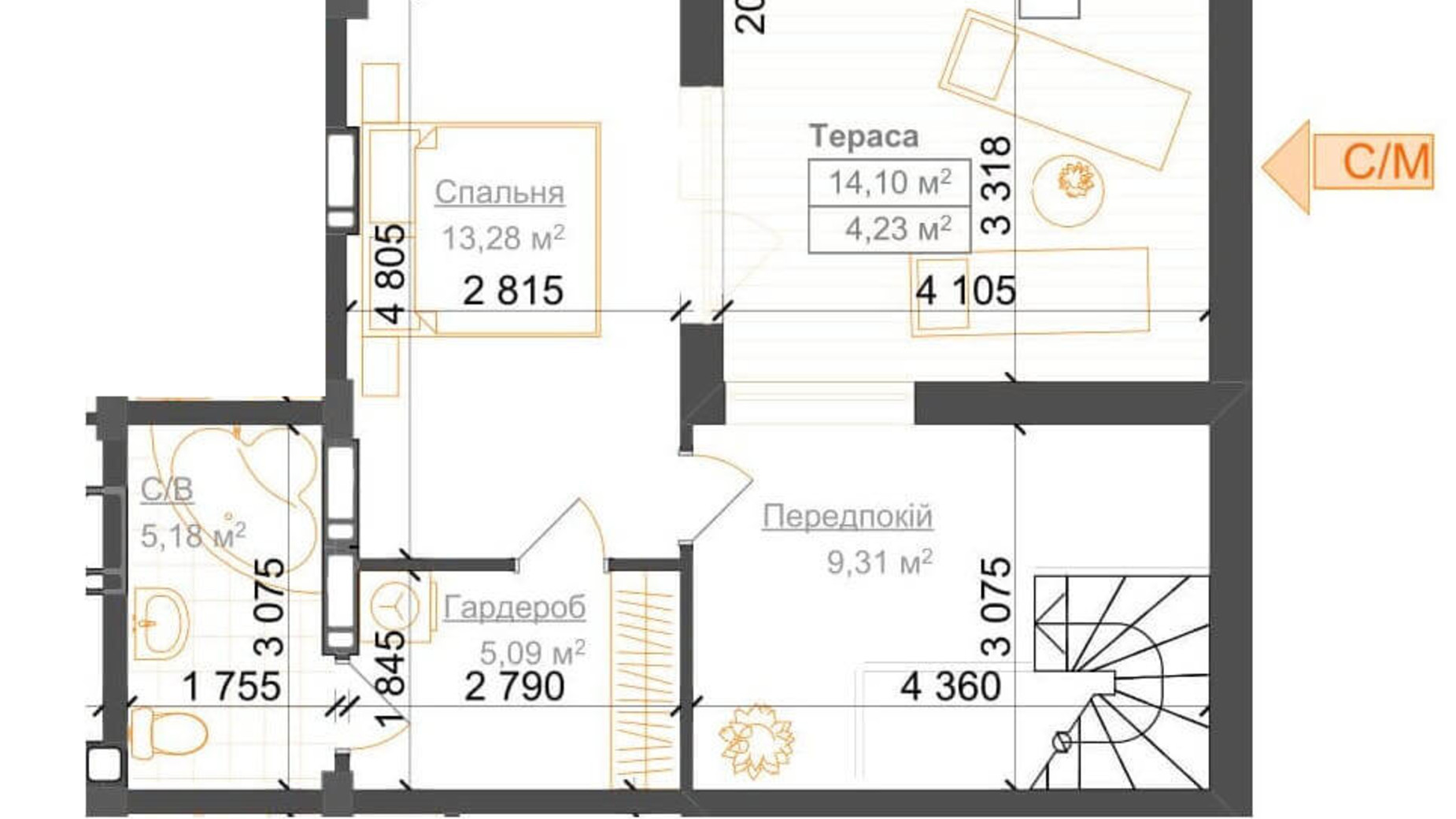 Планировка 2-комнатной квартиры в ЖК Гостомель Residence 61.55 м², фото 217048