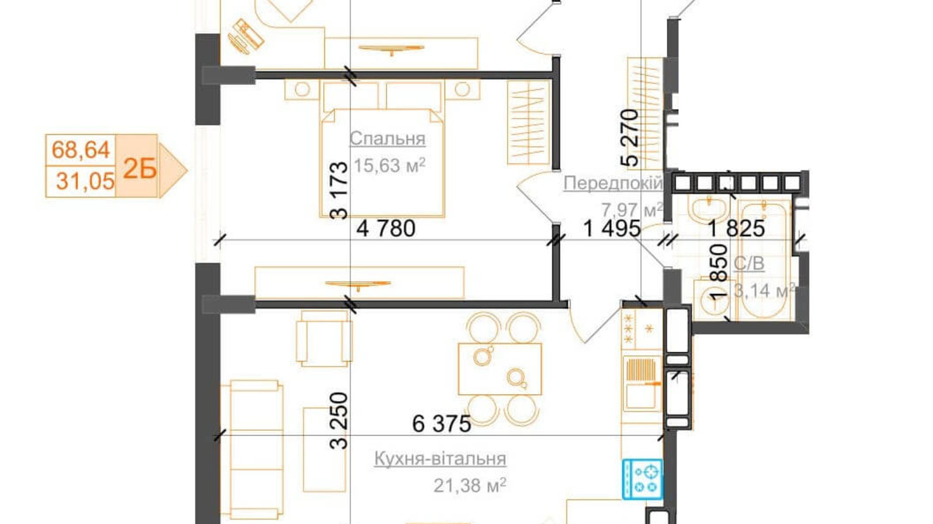 Планування 2-кімнатної квартири в ЖК Гостомель Residence 68.64 м², фото 217049