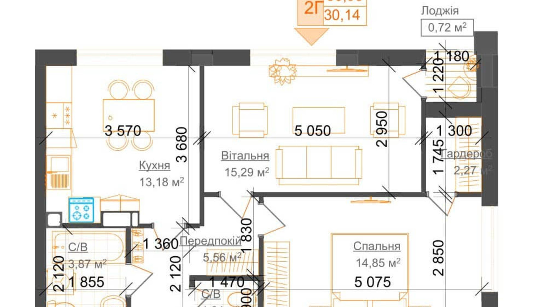Планировка 2-комнатной квартиры в ЖК Гостомель Residence 56.98 м², фото 217068