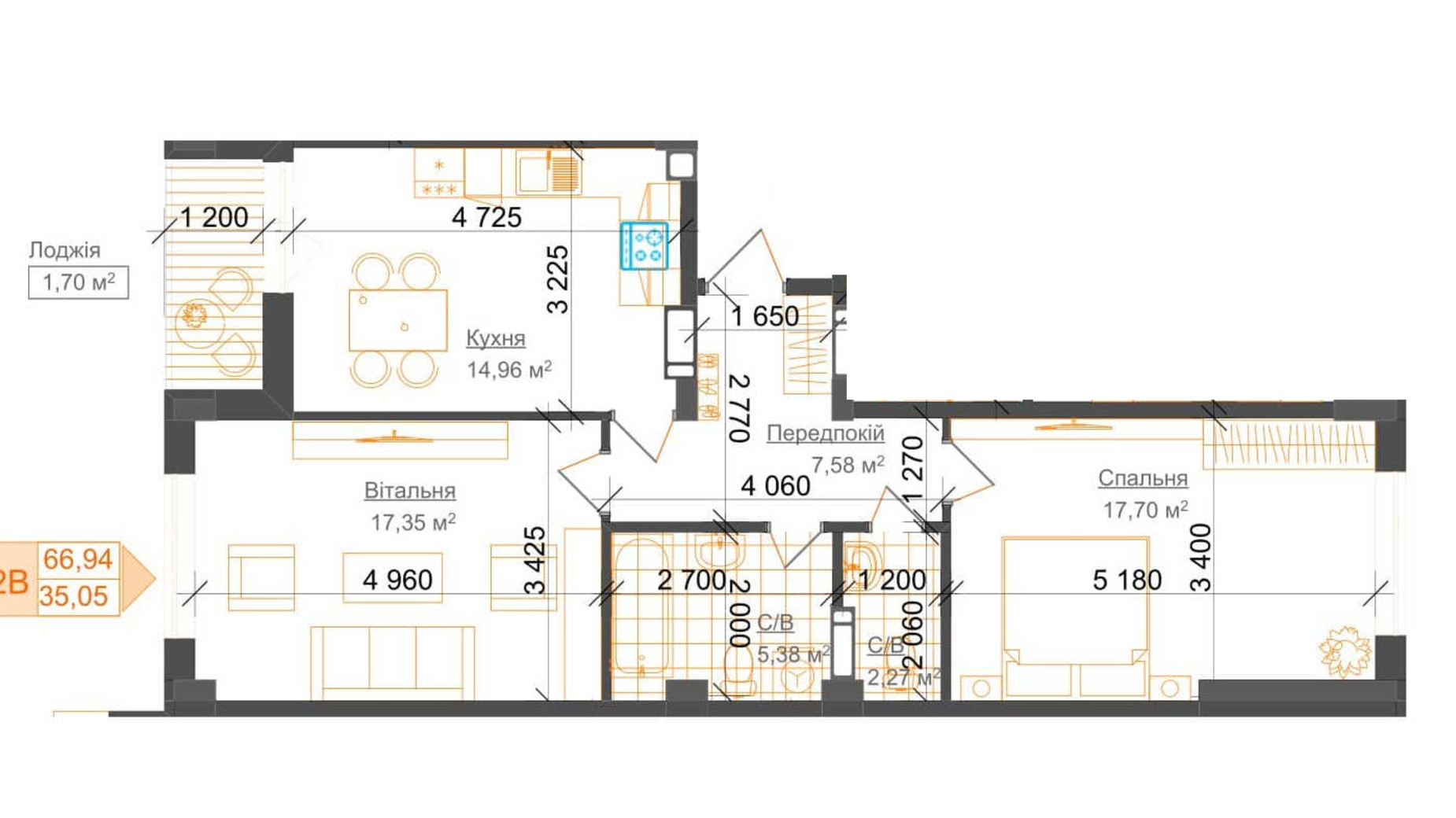 Планировка 2-комнатной квартиры в ЖК Гостомель Residence 66.94 м², фото 217069