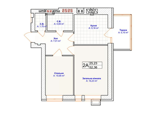 ЖК Grand Country Irpin: планировка 2-комнатной квартиры 52.36 м²