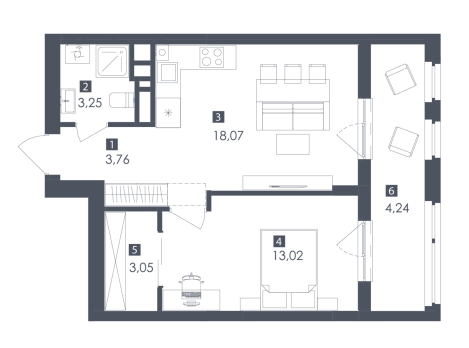 Планування 1-кімнатної квартири в ЖК Safe Town 45.4 м², фото 217153 Планування 1-кімнатної квартири в ЖК Safe Town 45.4 м², фото 217153