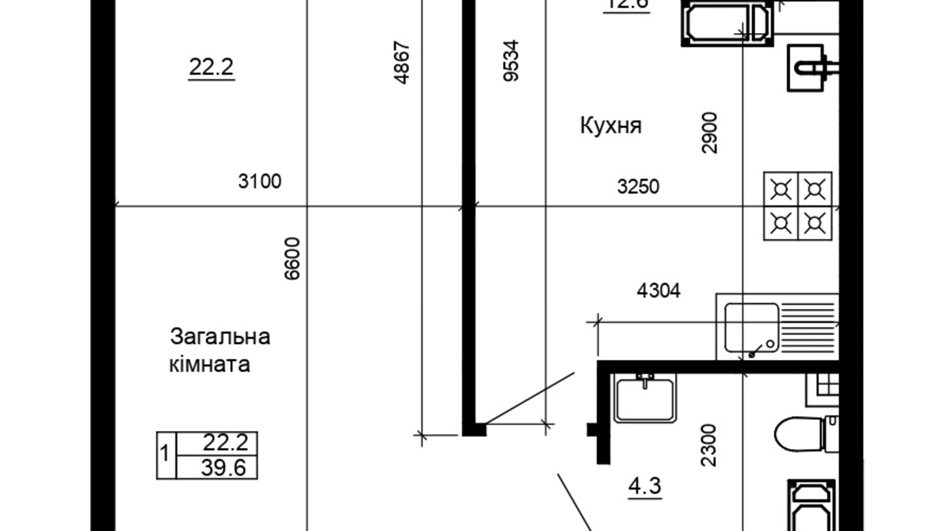 Планування 1-кімнатної квартири в ЖК River House 39.6 м², фото 217243