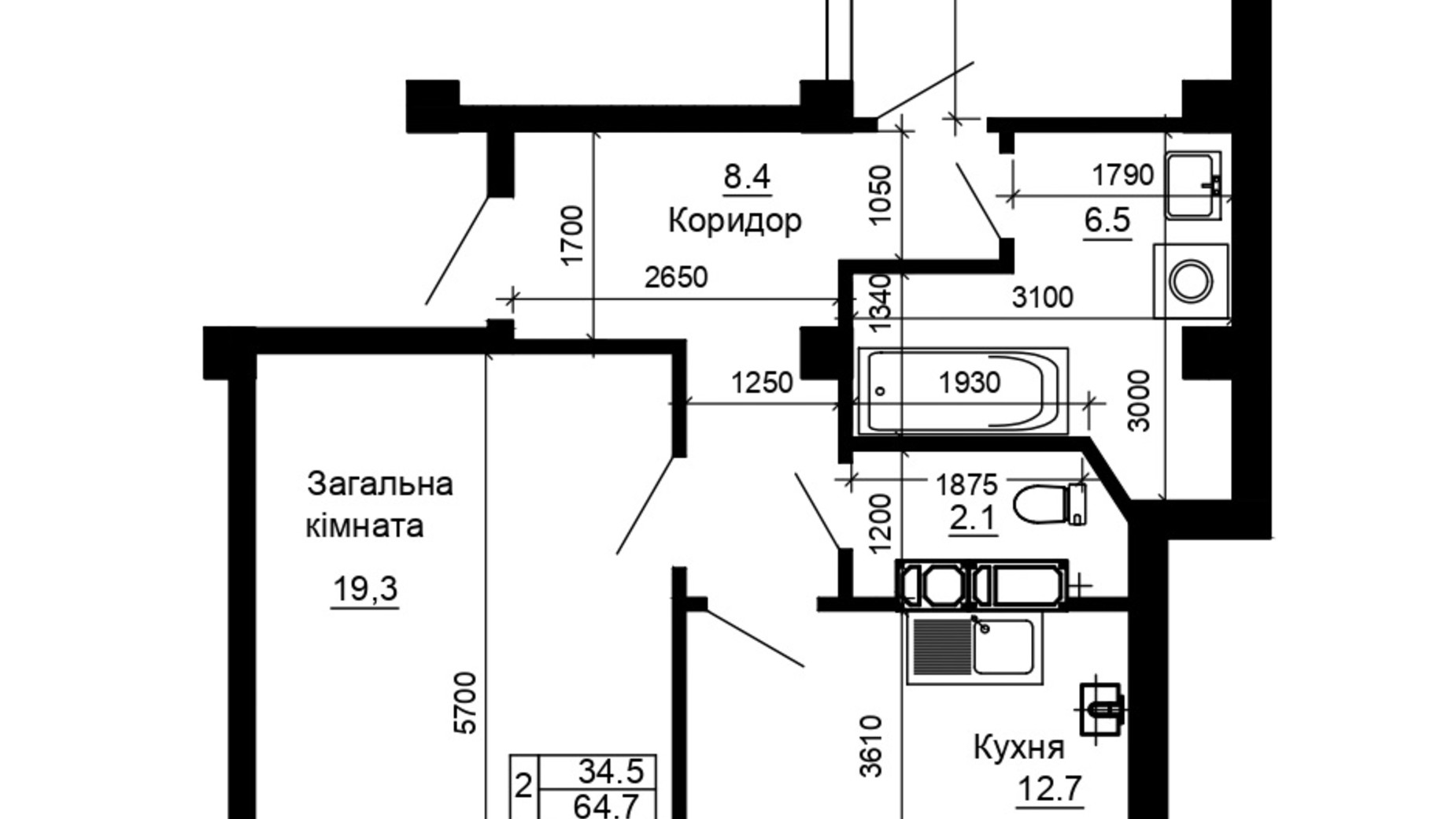 Планировка 2-комнатной квартиры в ЖК River House 64.7 м², фото 217247