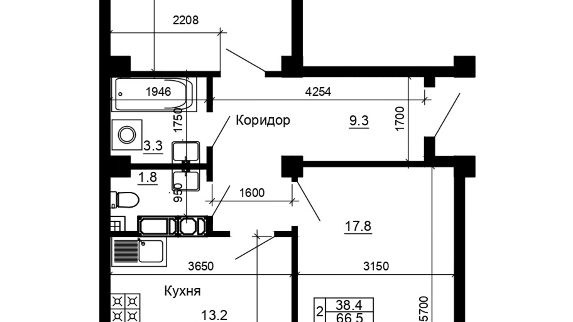 Планування 2-кімнатної квартири в ЖК River House 66.5 м², фото 217248