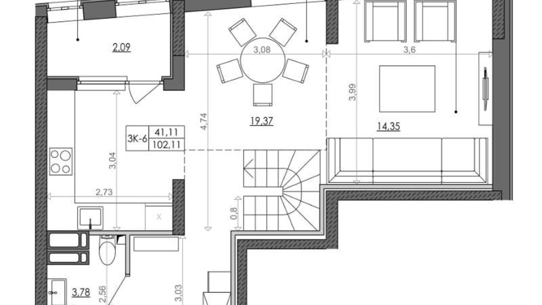 Планування 3-кімнатної квартири в ЖК Svitlo Park 103.1 м², фото 217335