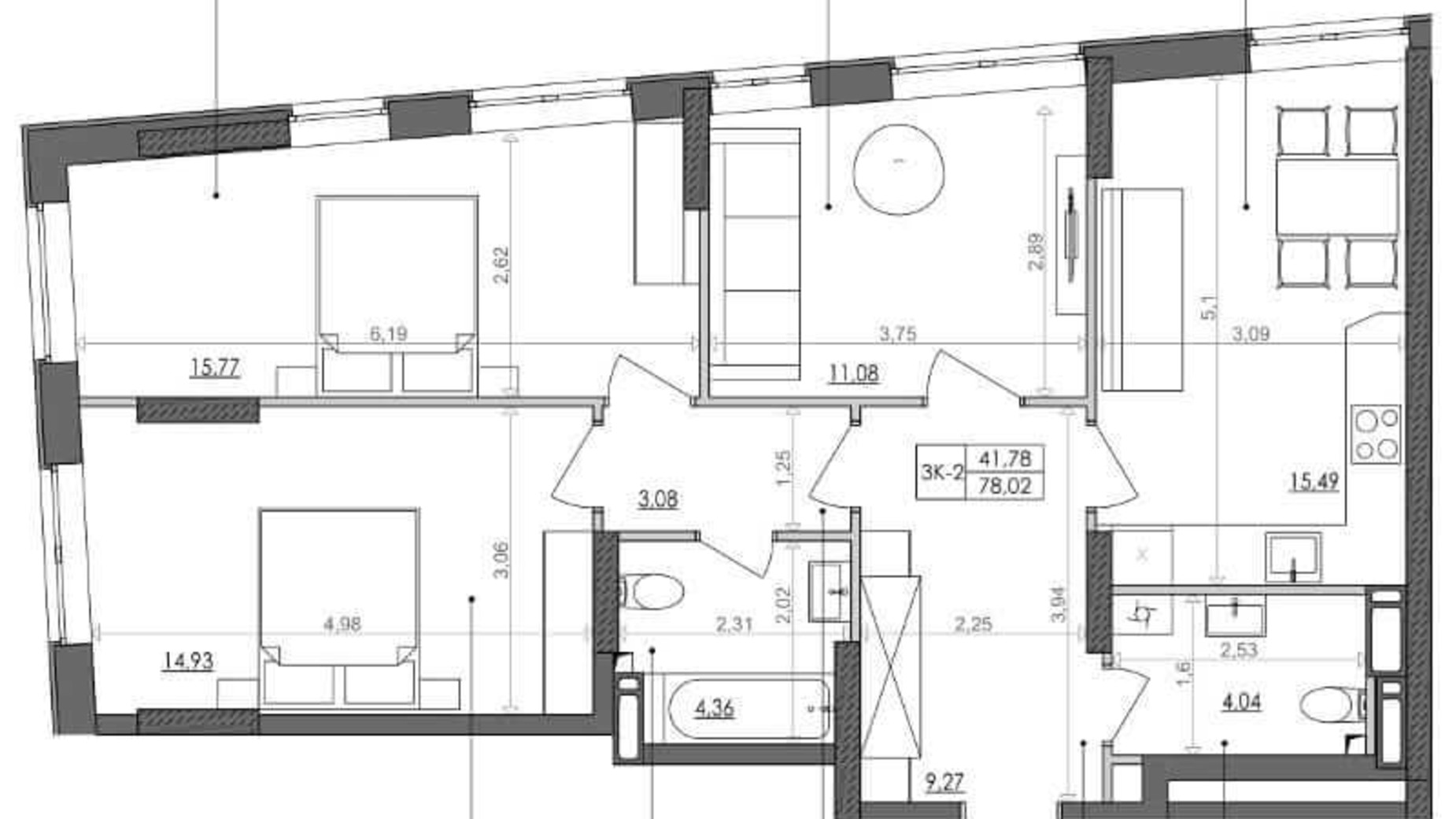 Планування 3-кімнатної квартири в ЖК Svitlo Park 77.9 м², фото 217339