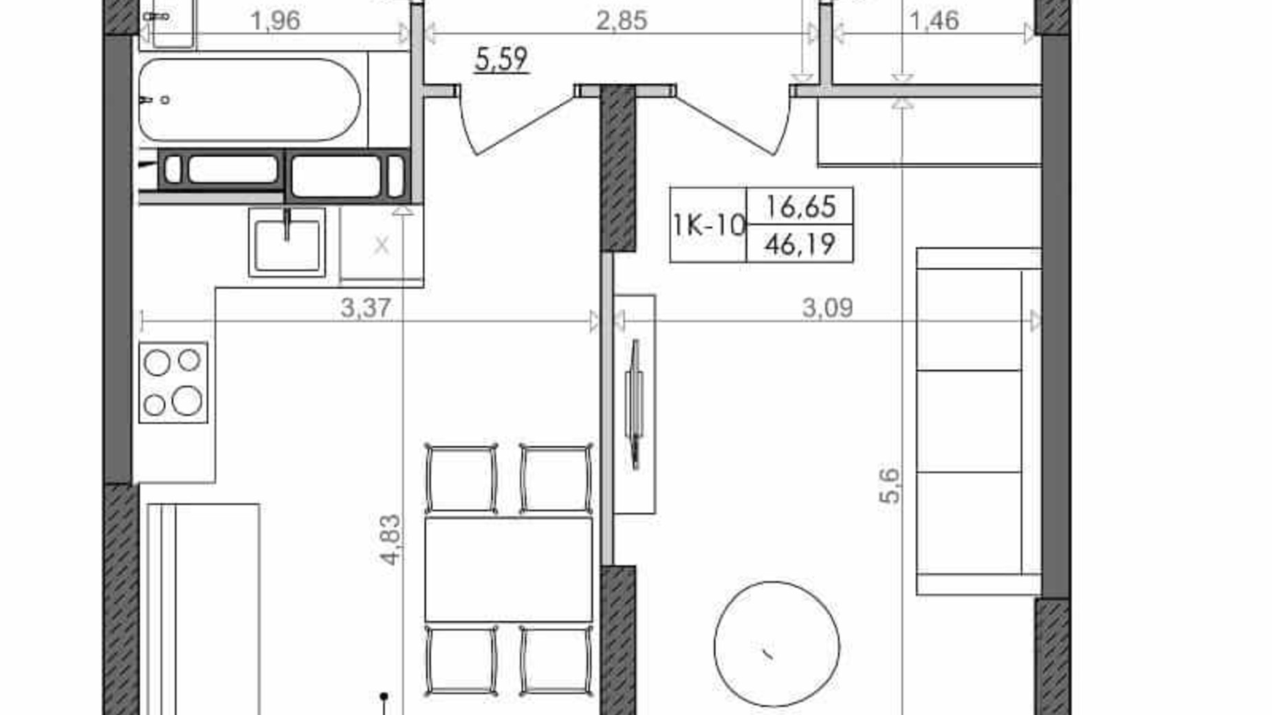 Планировка 1-комнатной квартиры в ЖК Svitlo Park 46.19 м², фото 217345