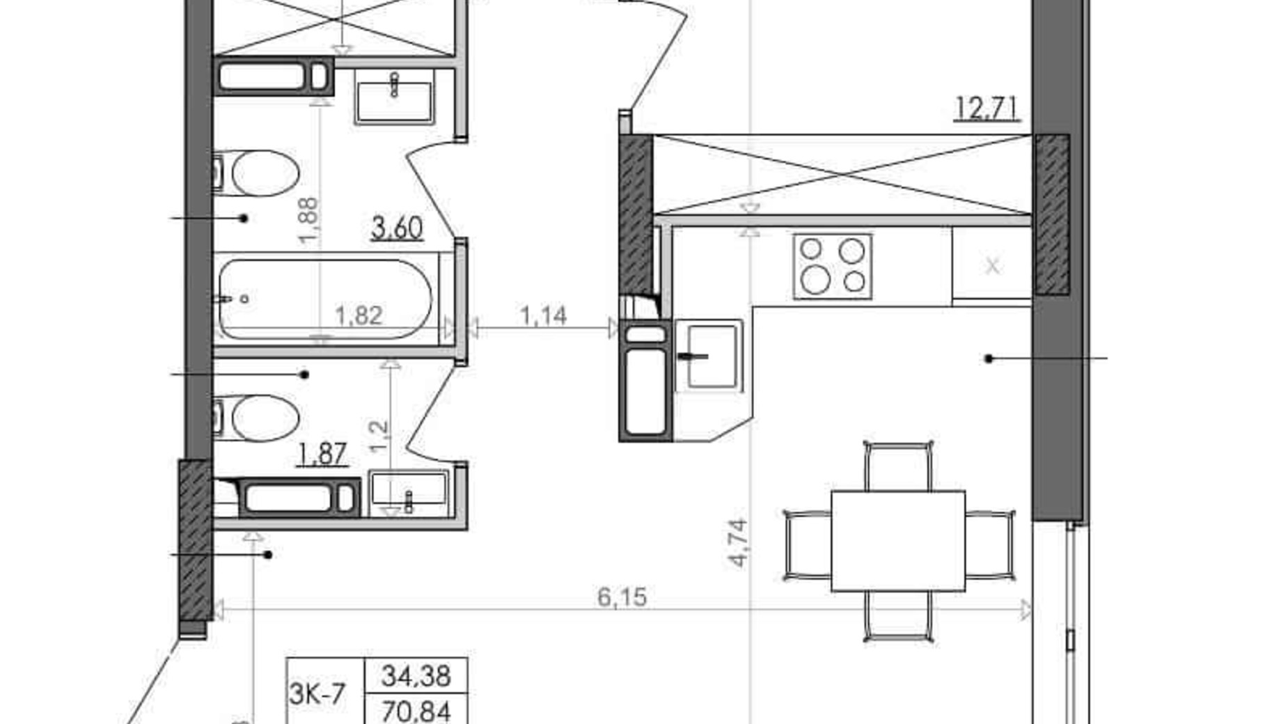 Планування 3-кімнатної квартири в ЖК Svitlo Park 69.5 м², фото 217347