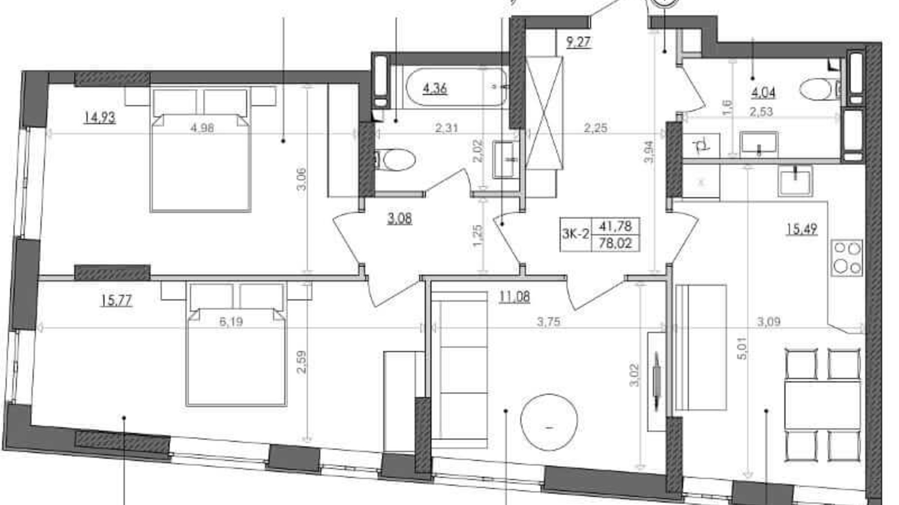 Планування 3-кімнатної квартири в ЖК Svitlo Park 77.5 м², фото 217348