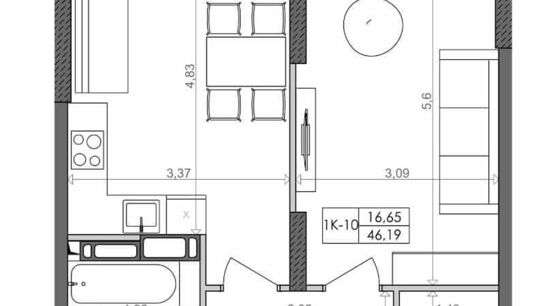 Планировка 1-комнатной квартиры в ЖК Svitlo Park 46.19 м², фото 217355