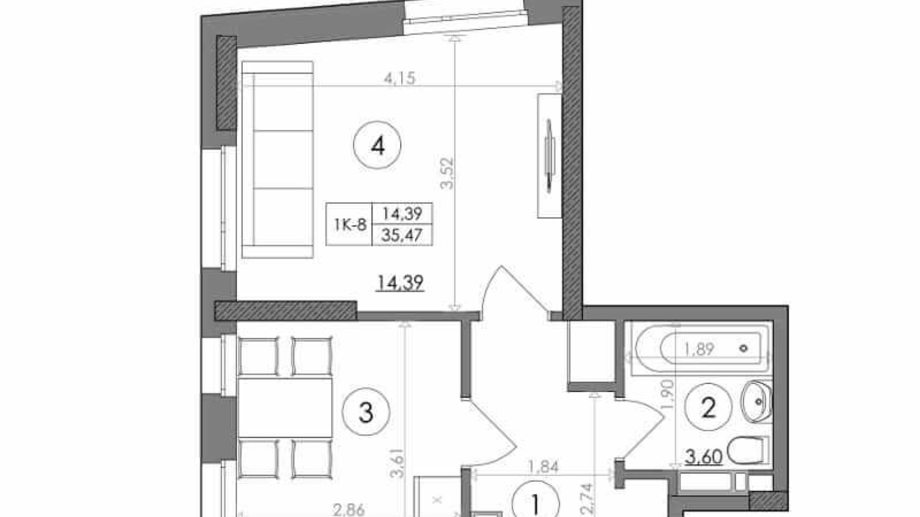 Планування 1-кімнатної квартири в ЖК Svitlo Park 35.47 м², фото 217360