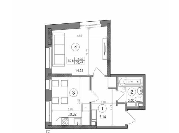 ЖК Svitlo Park: планировка 1-комнатной квартиры 35.47 м²