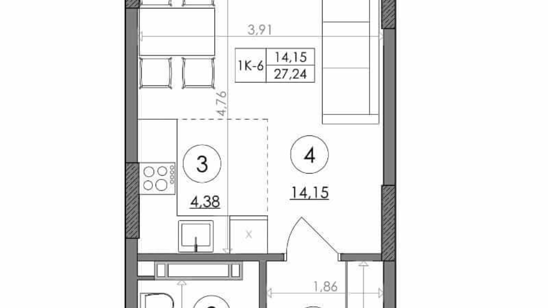 Планування квартири студії в ЖК Svitlo Park 27.24 м², фото 217363