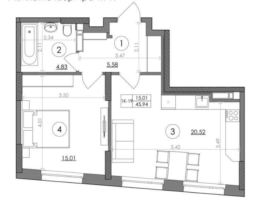 Планування 1-кімнатної квартири в ЖК Svitlo Park (Світло Парк) 45.94 м², фото 217370 Планування 1-кімнатної квартири в ЖК Svitlo Park (Світло Парк) 45.94 м², фото 217370