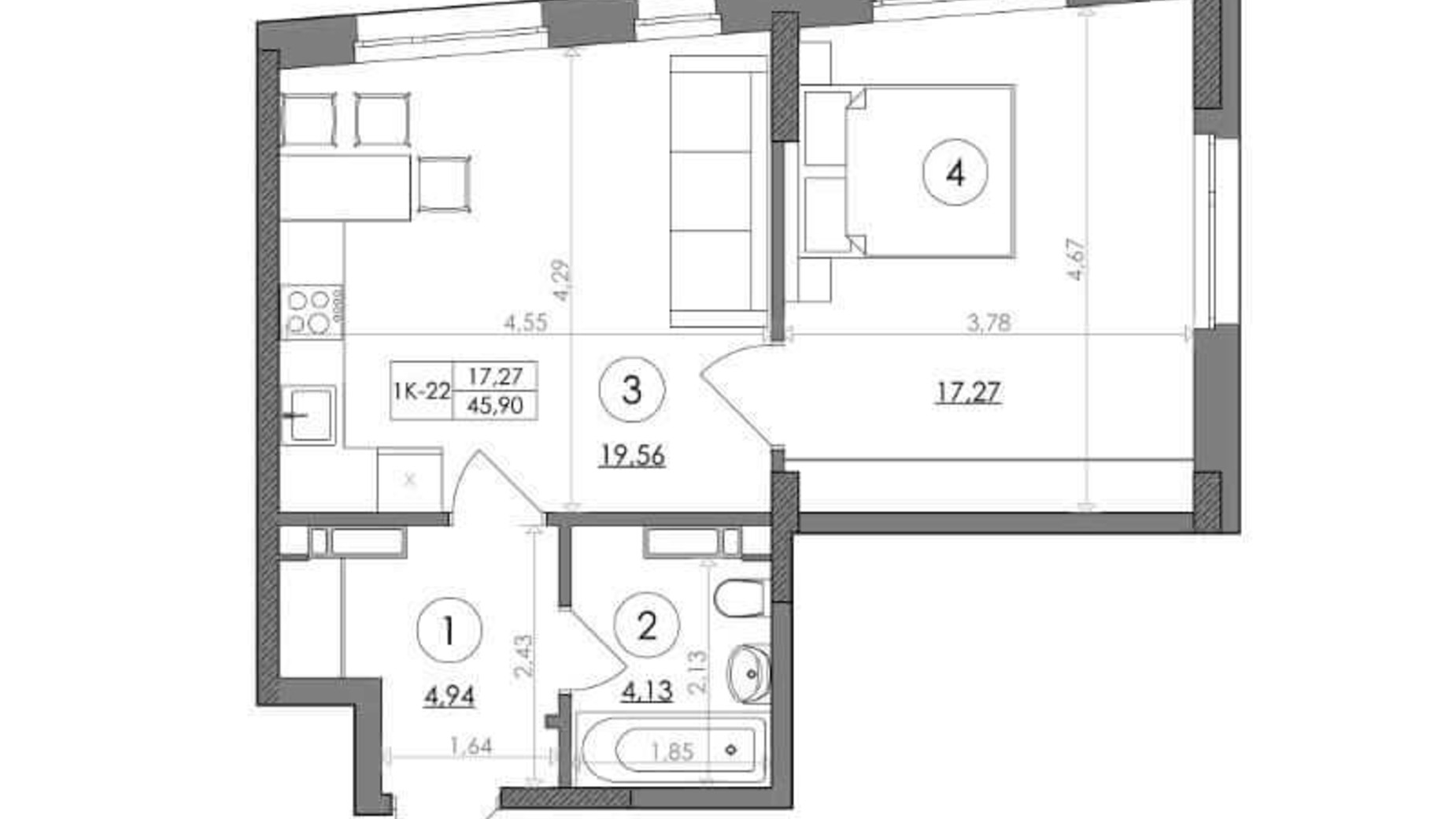 Планування 1-кімнатної квартири в ЖК Svitlo Park 45.9 м², фото 217371