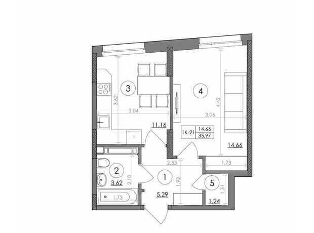 ЖК Svitlo Park: планировка 1-комнатной квартиры 35.97 м² ЖК Svitlo Park: планировка 1-комнатной квартиры 35.97 м²