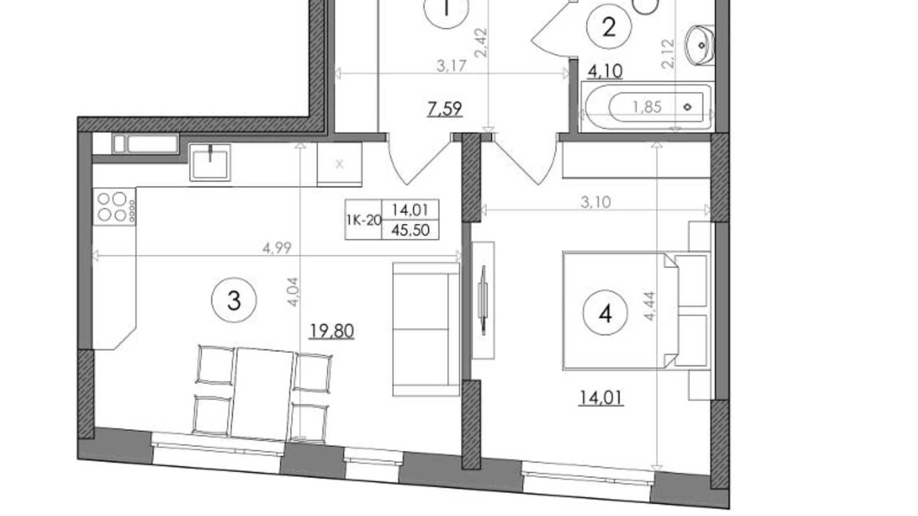 Планування 1-кімнатної квартири в ЖК Svitlo Park 45.5 м², фото 217373