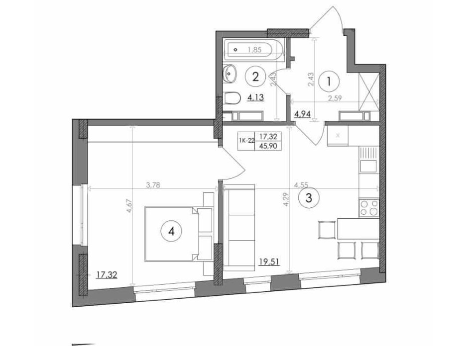Планування 1-кімнатної квартири в ЖК Svitlo Park 45.9 м², фото 217374 Планування 1-кімнатної квартири в ЖК Svitlo Park 45.9 м², фото 217374