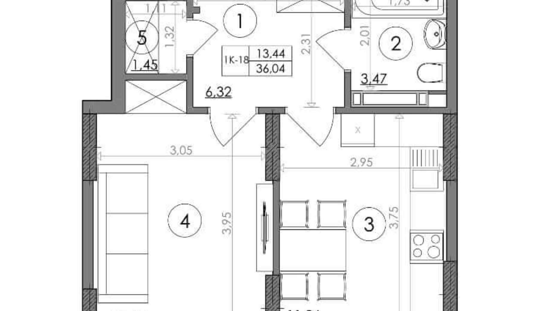 Планировка 1-комнатной квартиры в ЖК Svitlo Park 36.04 м², фото 217375