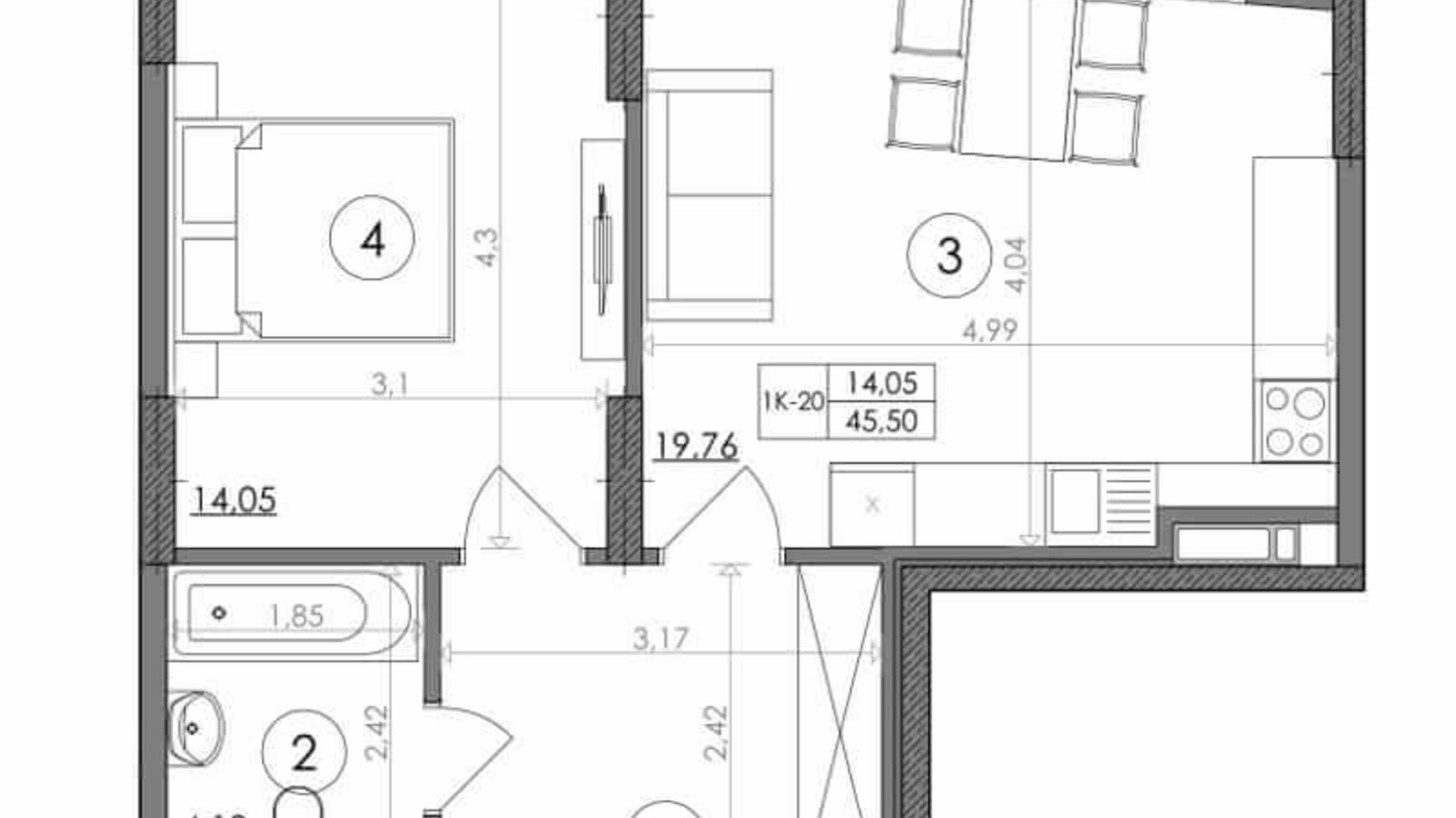 Планування 1-кімнатної квартири в ЖК Svitlo Park 45.5 м², фото 217376
