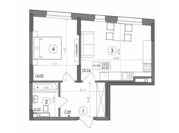 ЖК Svitlo Park: планування 1-кімнатної квартири 45.5 м²