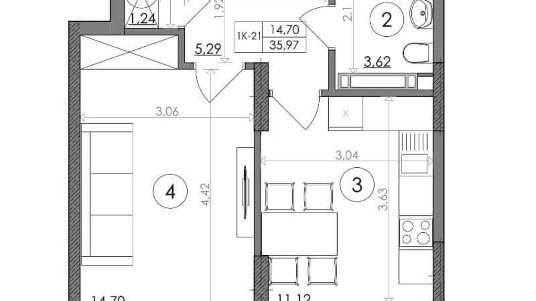 Планування 1-кімнатної квартири в ЖК Svitlo Park 35.97 м², фото 217377