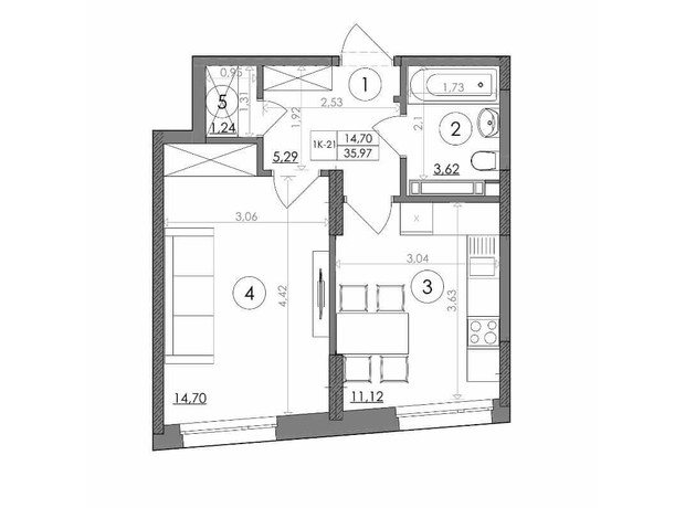 ЖК Svitlo Park: планування 1-кімнатної квартири 35.97 м²