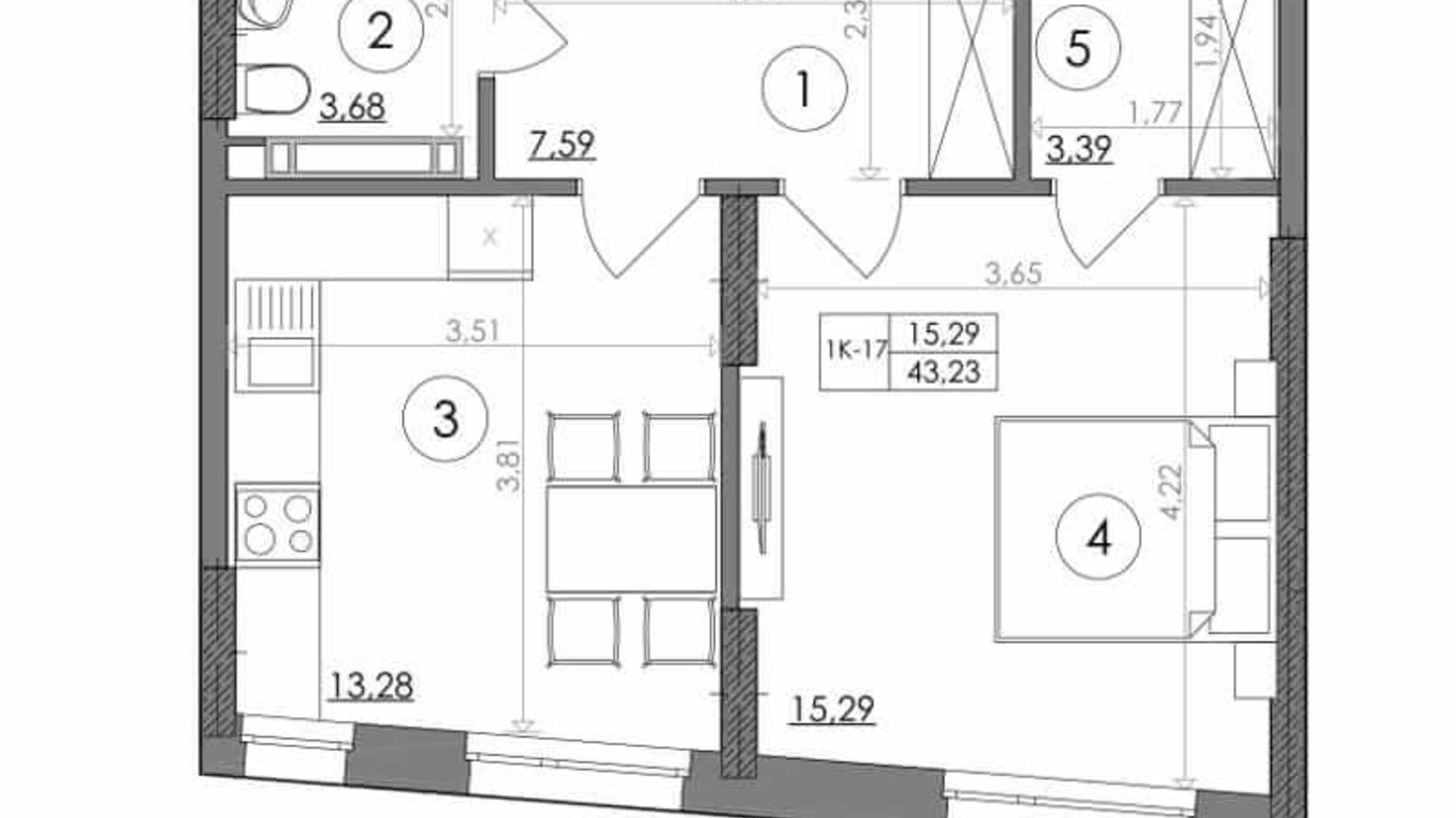 Планировка 1-комнатной квартиры в ЖК Svitlo Park 43.23 м², фото 217381